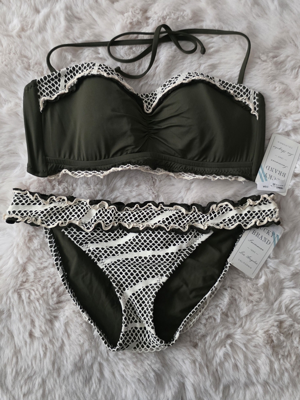 Women's Black Ruffle Bandeau Bikini Set by Lucky Brand